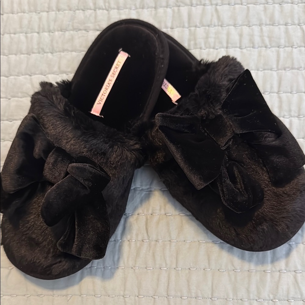 Victoria's Secret Black Plush Slippers with Rose Gold Accents